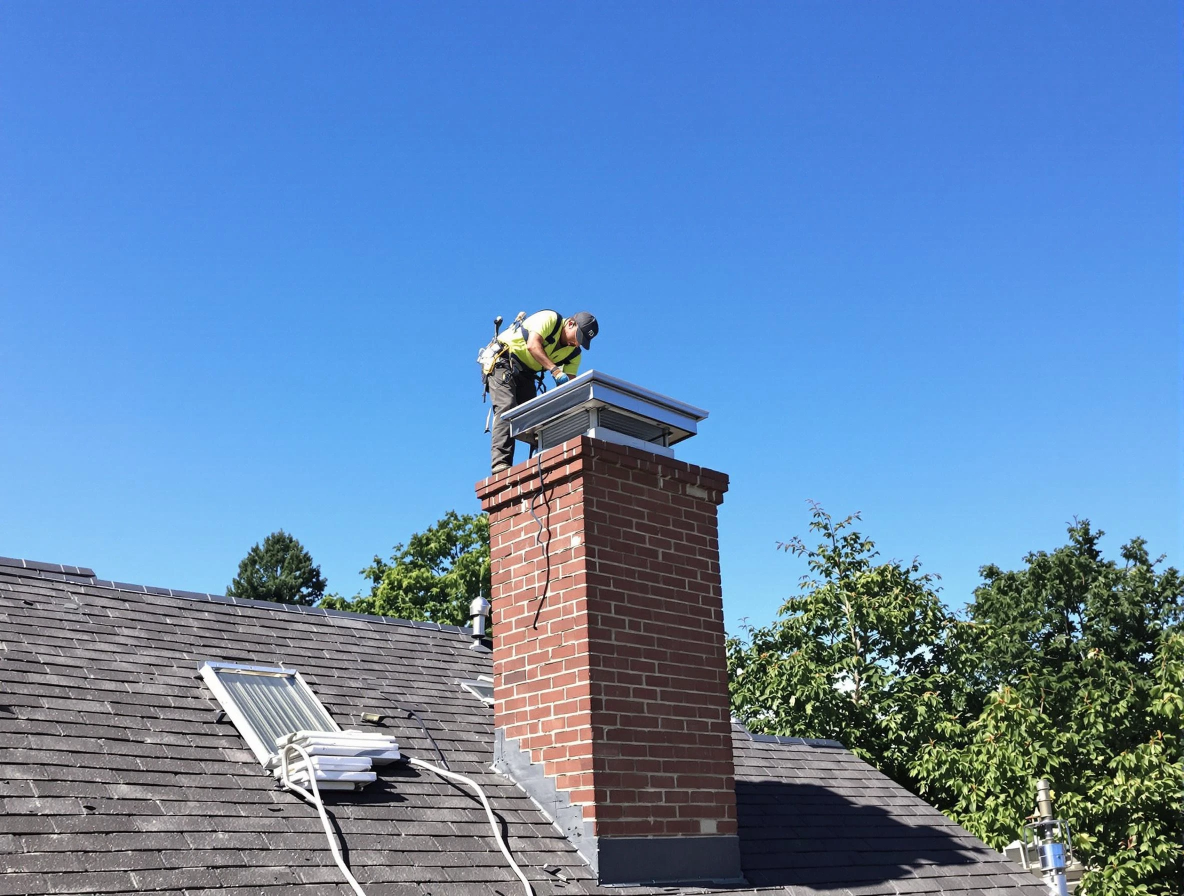 Randolph Chimney Sweep technician measuring a chimney cap in Randolph, MA
