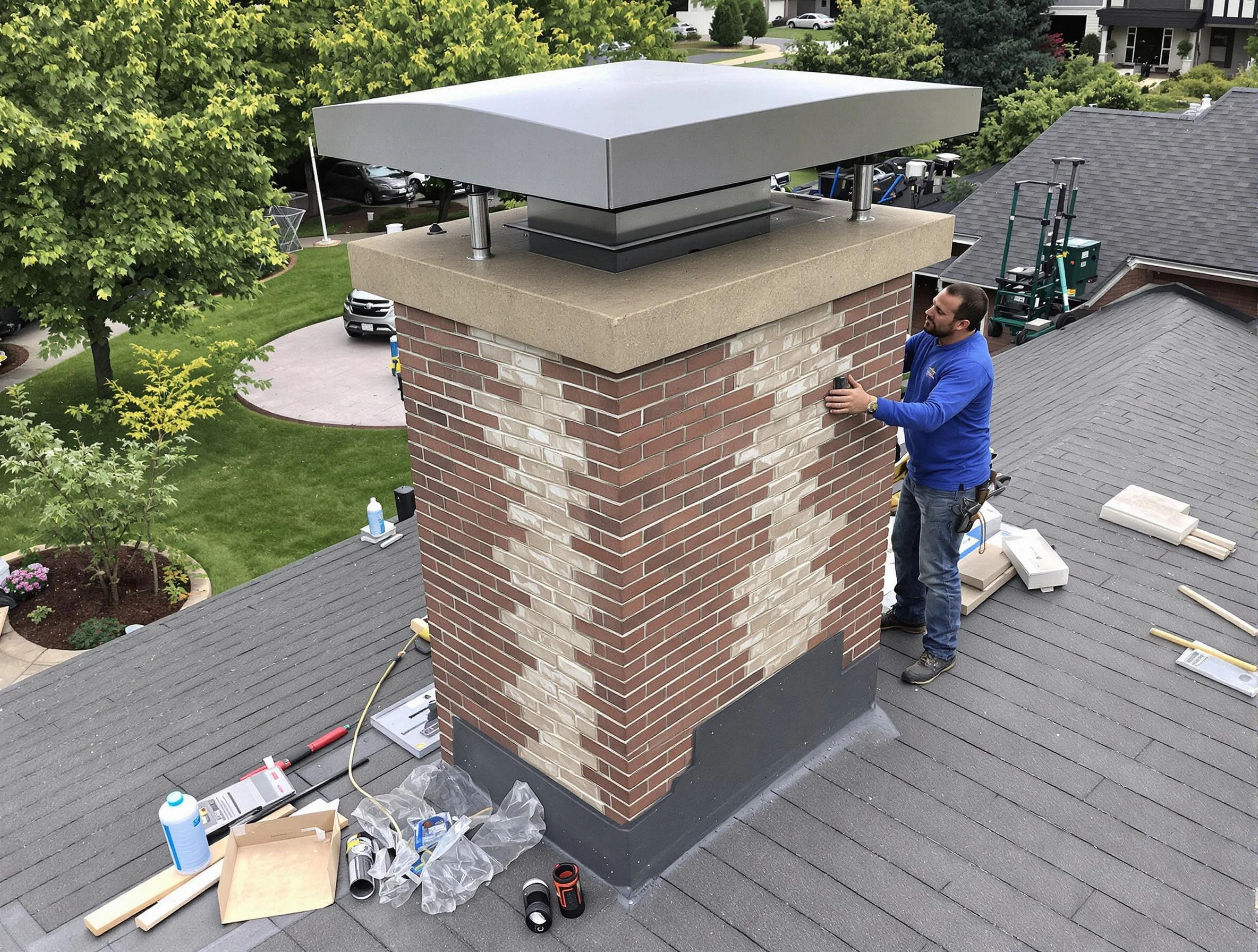 Randolph Chimney Sweep team working on a custom chimney remodel in Randolph, MA